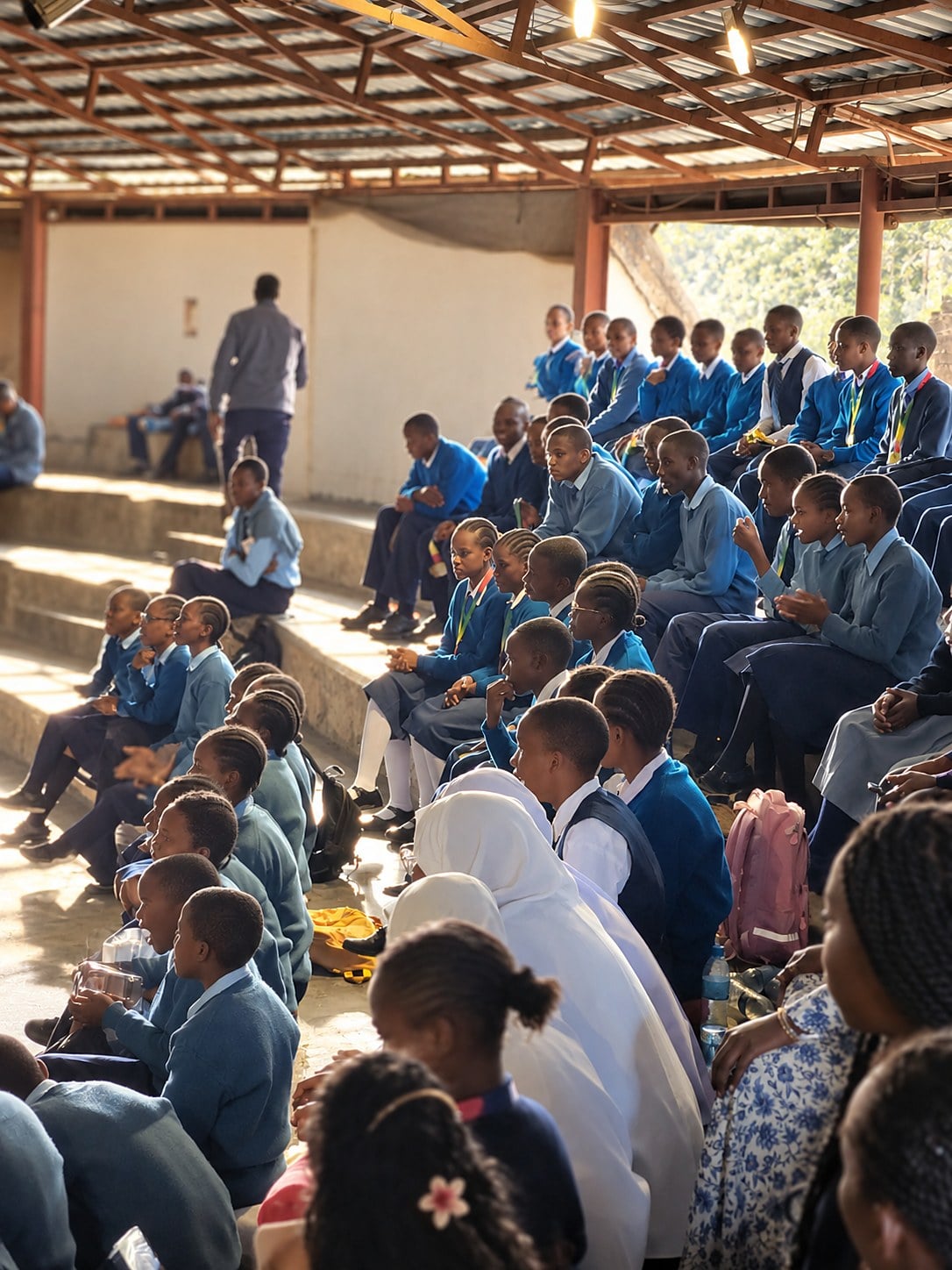 Students from several schools in uniform watching an inter-school speaking competition